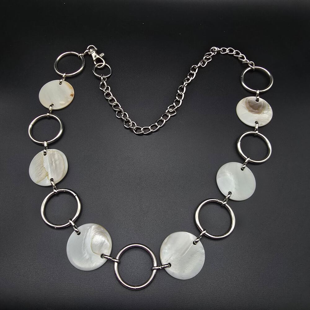 White Shell Belt Silver Tone Round Links Beachy Woman's Accessory